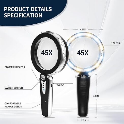 عدسة مكبرة 45X مع ضوء، عدسة مكبرة كبيرة محمولة قابلة لإعادة الشحن USB 4.6 بوصة بقدرة 1200 مللي أمبير في الساعة، 6 أوضاع ألوان، مثالية لكبار السن ضعاف الرؤية، والضمور البقعي والطباعة الدقيقة (أسود) in Kuwait