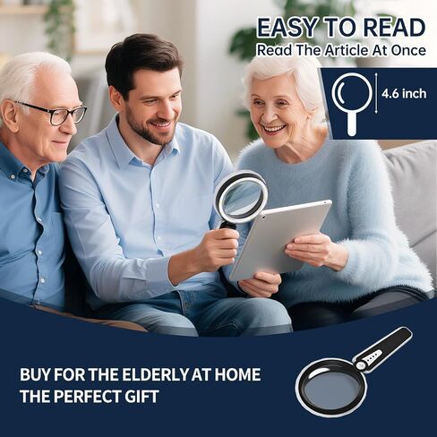 عدسة مكبرة 45X مع ضوء، عدسة مكبرة كبيرة محمولة قابلة لإعادة الشحن USB 4.6 بوصة بقدرة 1200 مللي أمبير في الساعة، 6 أوضاع ألوان، مثالية لكبار السن ضعاف الرؤية، والضمور البقعي والطباعة الدقيقة (أسود) in Kuwait