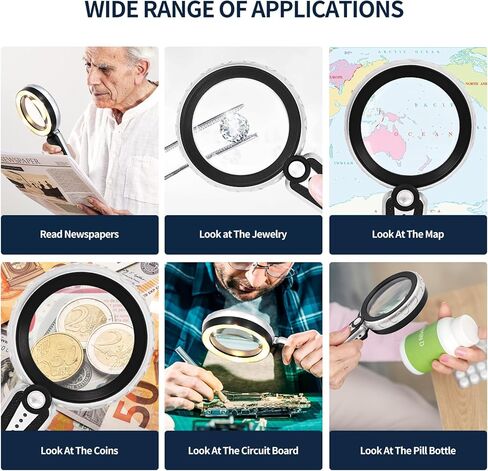 عدسة مكبرة 45X مع ضوء، عدسة مكبرة كبيرة محمولة قابلة لإعادة الشحن USB 4.6 بوصة بقدرة 1200 مللي أمبير في الساعة، 6 أوضاع ألوان، مثالية لكبار السن ضعاف الرؤية، والضمور البقعي والطباعة الدقيقة (أسود) in Kuwait
