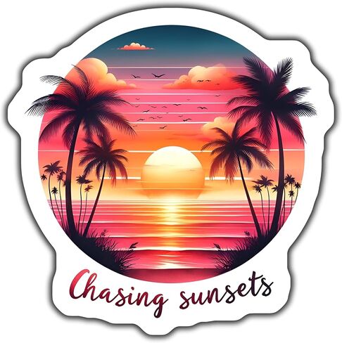 ملصقات Chasing Sunsets، ملصق من الفينيل لأجهزة الكمبيوتر المحمول وزجاجة المياه، ملصق فني لغروب الشمس الاستوائي، ملصق شاطئ شجرة النخيل - ملصق مقاس 5 بوصات - عبوتان - CCSTICKER01108 in Kuwait