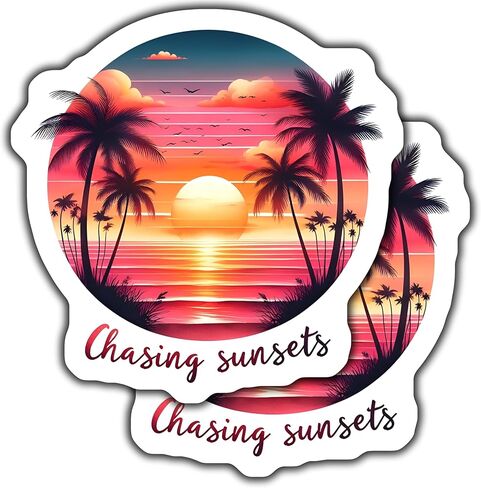 ملصقات Chasing Sunsets، ملصق من الفينيل لأجهزة الكمبيوتر المحمول وزجاجة المياه، ملصق فني لغروب الشمس الاستوائي، ملصق شاطئ شجرة النخيل - ملصق مقاس 5 بوصات - عبوتان - CCSTICKER01108 in Kuwait
