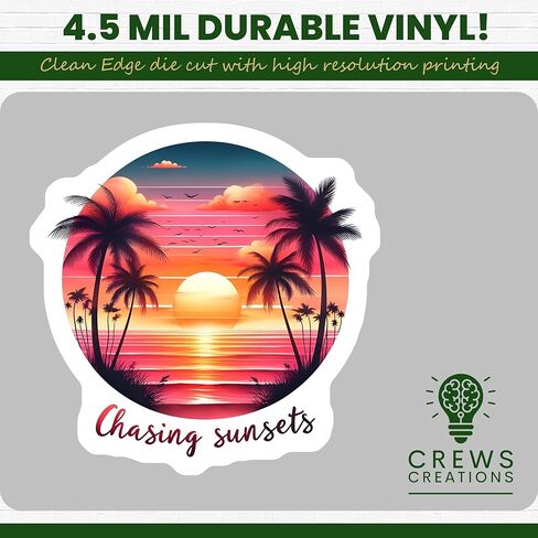 ملصقات Chasing Sunsets، ملصق من الفينيل لأجهزة الكمبيوتر المحمول وزجاجة المياه، ملصق فني لغروب الشمس الاستوائي، ملصق شاطئ شجرة النخيل - ملصق مقاس 5 بوصات - عبوتان - CCSTICKER01108 in Kuwait