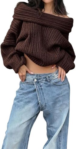 Women Off Shoulder Batwing Sleeve Oversized Chunky Sweaters (Free Size) in Saudi Arabia