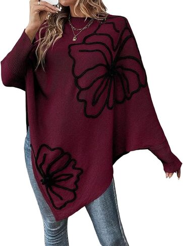 Women 3D Floral Mock Neck Batwing Sleeve Knit Poncho Sweater Loose Drop Shoulder Asymmetric Hem Pullover Sweaters in Kuwait