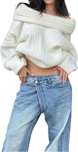 Women Off Shoulder Batwing Sleeve Oversized Chunky Sweaters (Free Size) in Saudi Arabia