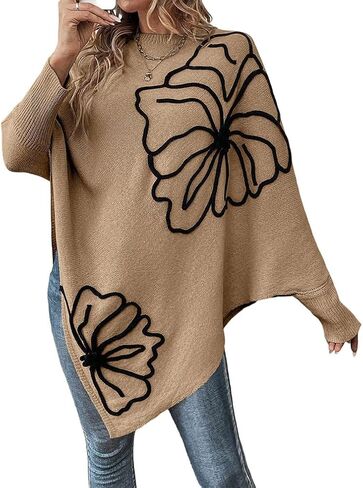 Women 3D Floral Mock Neck Batwing Sleeve Knit Poncho Sweater Loose Drop Shoulder Asymmetric Hem Pullover Sweaters in Saudi Arabia