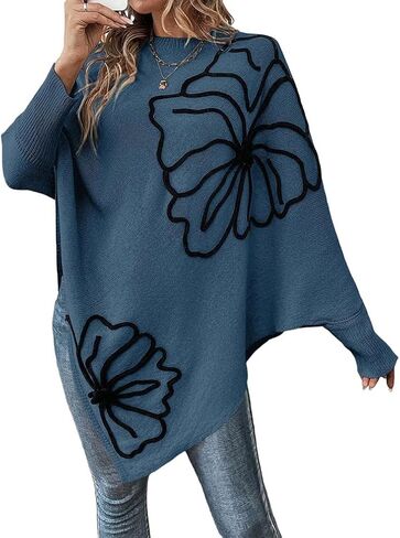 Women 3D Floral Mock Neck Batwing Sleeve Knit Poncho Sweater Loose Drop Shoulder Asymmetric Hem Pullover Sweaters in Saudi Arabia