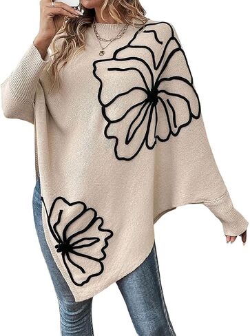 Women 3D Floral Mock Neck Batwing Sleeve Knit Poncho Sweater Loose Drop Shoulder Asymmetric Hem Pullover Sweaters in Saudi Arabia