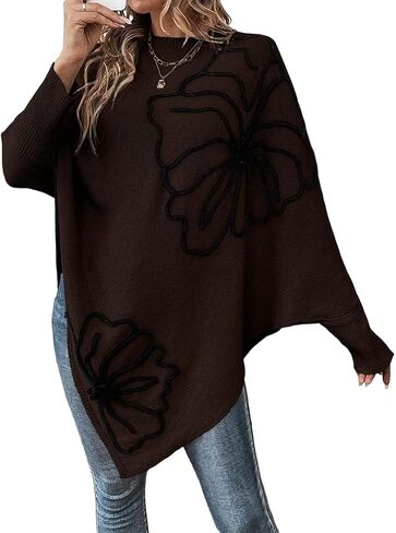 Women 3D Floral Mock Neck Batwing Sleeve Knit Poncho Sweater Loose Drop Shoulder Asymmetric Hem Pullover Sweaters in Saudi Arabia