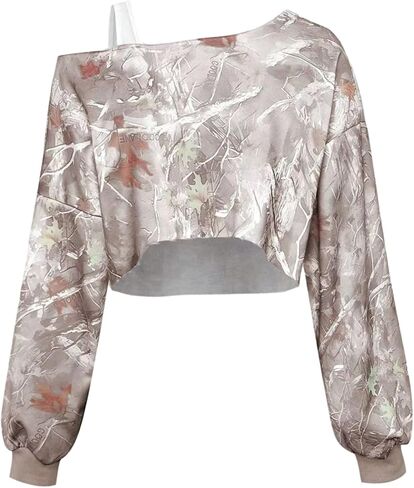 WDIRARA Women's Camo Cold Shoulder Sweatshirt Asymmetrical Neck Long Sleeve Pullover Crop Tops Streetwear in Saudi Arabia