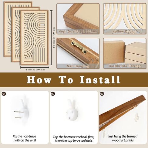 IARTTOP Boho Wooden Framed Wall Art Set of 3 Mid-century Modern Wood Wall Decor Minimalist Natural Bohemian Home Decor for Living Room Dining room Office in Kuwait