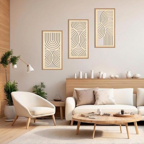 IARTTOP Boho Wooden Framed Wall Art Set of 3 Mid-century Modern Wood Wall Decor Minimalist Natural Bohemian Home Decor for Living Room Dining room Office in Kuwait