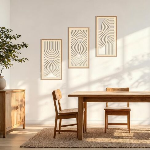 IARTTOP Boho Wooden Framed Wall Art Set of 3 Mid-century Modern Wood Wall Decor Minimalist Natural Bohemian Home Decor for Living Room Dining room Office in Kuwait