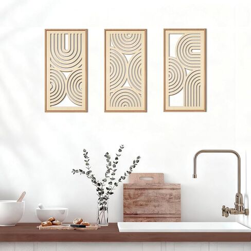 IARTTOP Boho Wooden Framed Wall Art Set of 3 Mid-century Modern Wood Wall Decor Minimalist Natural Bohemian Home Decor for Living Room Dining room Office in Kuwait