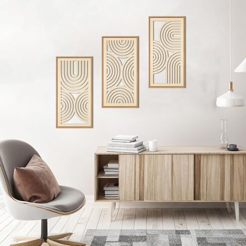 IARTTOP Boho Wooden Framed Wall Art Set of 3 Mid-century Modern Wood Wall Decor Minimalist Natural Bohemian Home Decor for Living Room Dining room Office in Kuwait