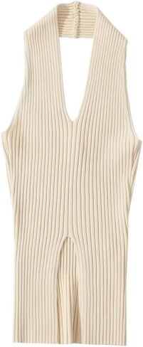 سترة efvandoloe النسائية المحبوكة بدون أكمام مع حاشية مقسمة ومطاطة ذات مقاس نحيف in Kuwait