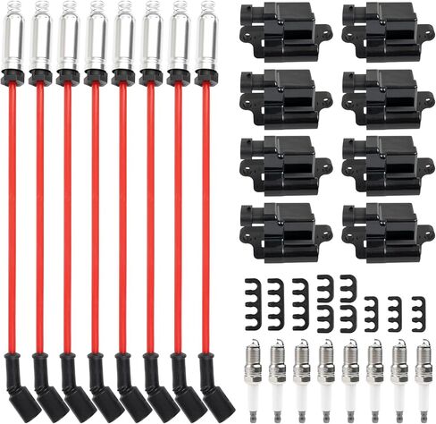 UF-271 Set of 8 Square Ignition Coil & 41-962 Spark Plug and Red Wire Set Compatible with Chevrolet Avalanche Silverado Suburban GMC Hummer H2 Savana 1500 2500 3500 Sierra 1999-2007 12556893 in Kuwait