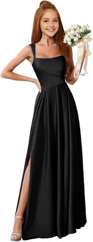 MRHUSH Junior Bridesmaid Dresses Satin Square Neck Flower Girl Dress Slit Prom Dresses for Teens Spaghetti Straps Formal Gown in Saudi Arabia
