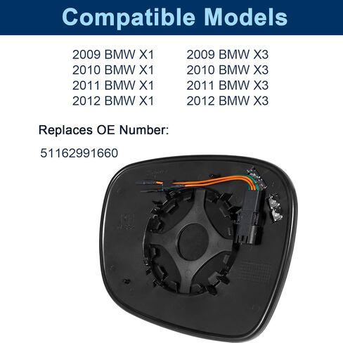 مرآة ساخنة على الجانب الأيمن للركاب متوافقة مع 2011 2012 2013 2014 BMW X3، مرآة محدبة مع لوحة داعمة، استبدل 51162991660 in Kuwait