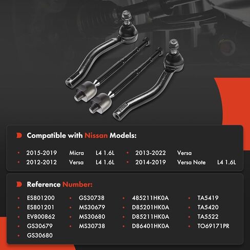 مجموعة A-Premium مكونة من 4 قطع، مجموعة نهاية قضيب الربط الأمامي الداخلي والخارجي، متوافقة مع Nissan Versa 2012-2022، Versa Note 2014-2019، Micra 2015-2019 in Saudi Arabia