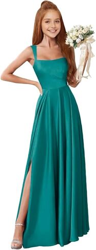 MRHUSH Junior Bridesmaid Dresses Satin Square Neck Flower Girl Dress Slit Prom Dresses for Teens Spaghetti Straps Formal Gown in Kuwait