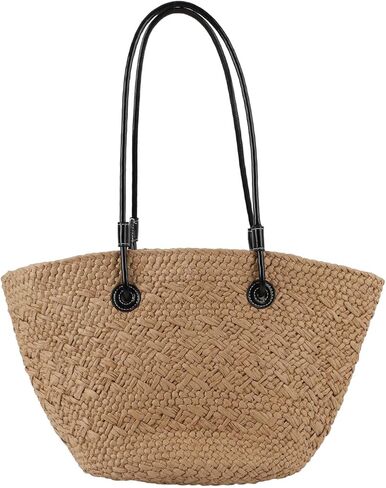 Khaki Stylish Woven Beach Bag, Large Capacity Straw Shoulder Bag, Material, outstanding for Outdoor Shopping in Kuwait