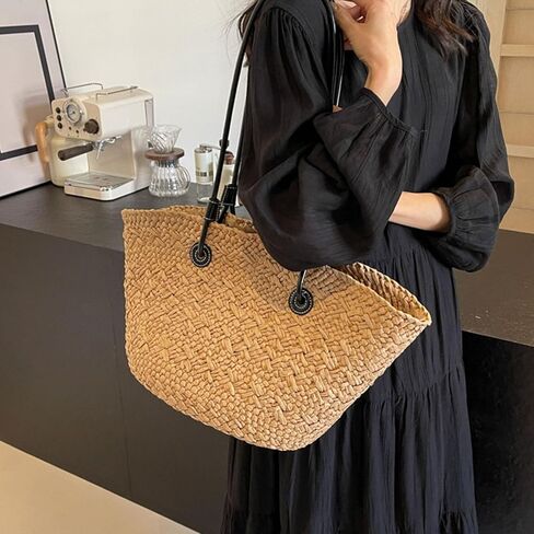 Khaki Stylish Woven Beach Bag, Large Capacity Straw Shoulder Bag, Material, outstanding for Outdoor Shopping in Kuwait