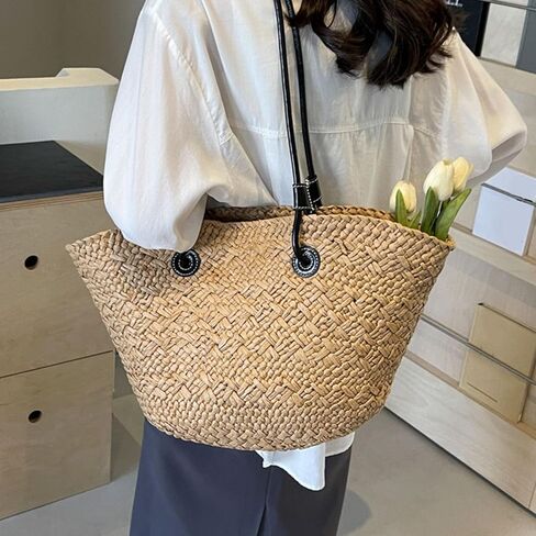 Khaki Stylish Woven Beach Bag, Large Capacity Straw Shoulder Bag, Material, outstanding for Outdoor Shopping in Kuwait