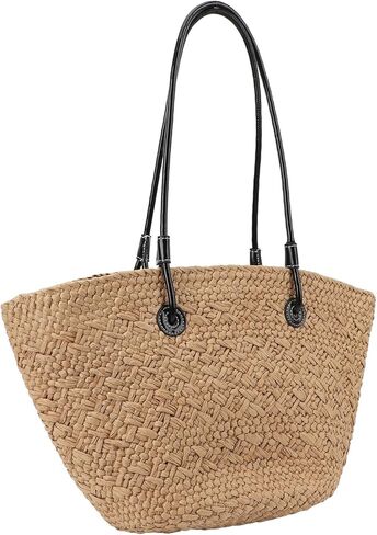 Khaki Stylish Woven Beach Bag, Large Capacity Straw Shoulder Bag, Material, outstanding for Outdoor Shopping in Kuwait
