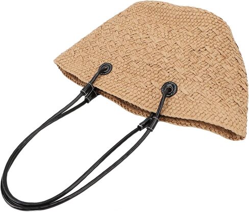 Khaki Stylish Woven Beach Bag, Large Capacity Straw Shoulder Bag, Material, outstanding for Outdoor Shopping in Kuwait