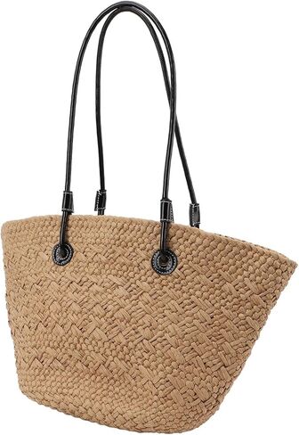 Khaki Stylish Woven Beach Bag, Large Capacity Straw Shoulder Bag, Material, outstanding for Outdoor Shopping in Kuwait