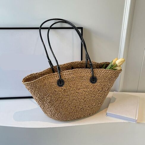 Khaki Stylish Woven Beach Bag, Large Capacity Straw Shoulder Bag, Material, outstanding for Outdoor Shopping in Kuwait