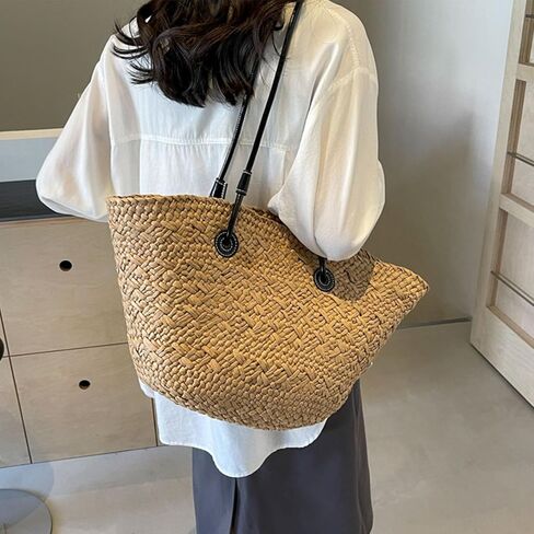 Khaki Stylish Woven Beach Bag, Large Capacity Straw Shoulder Bag, Material, outstanding for Outdoor Shopping in Kuwait