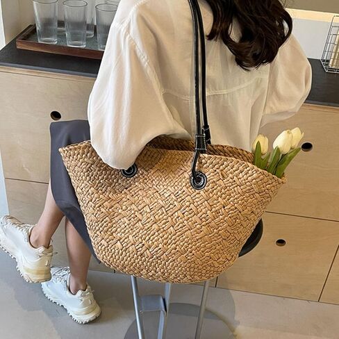 Khaki Stylish Woven Beach Bag, Large Capacity Straw Shoulder Bag, Material, outstanding for Outdoor Shopping in Kuwait
