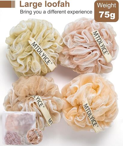 Loofah Sponge, XL Large Loofah 75g 4 Pack, Bath Sponge Soft Mesh Shower, Body Scrubber, Loofah for Men, Bath Accessories Body wash Foaming (Beige) in Kuwait