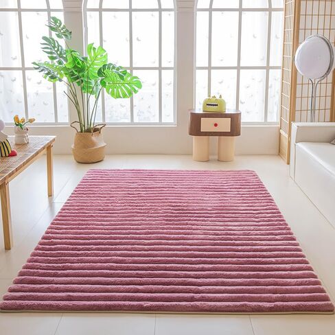 White Rabbit Striped Plush Rug 8'x10', Fluffy Shaggy Area Rug for Nursery & Kids Room, Faux Fur Carpet for Girls Bedroom, Living Room, Teen Decor in Kuwait