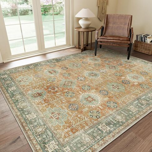 GENIMO No-Wash 5X7 Indoor Outdoor Area Rug for Living Room Bedroom, Patio, Waterproof Stain & Oil Proof Chenille Carpet, Non Slip Vintage Boho Rug for Dining Room Home Office Decor, Light Taupe Brown in Kuwait