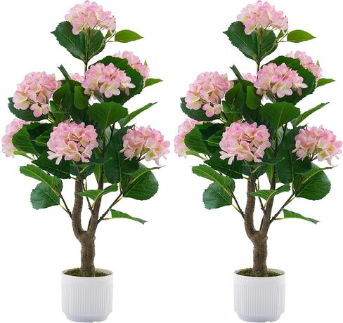 Artificial Hydrangea Tree 2 Pack, 3FT Faux Hydrangea Plant in Pot with Pink Flowers, Greenery Potted Plant for Indoor Outdoor Office Home Porch Decor, Pink in Saudi Arabia