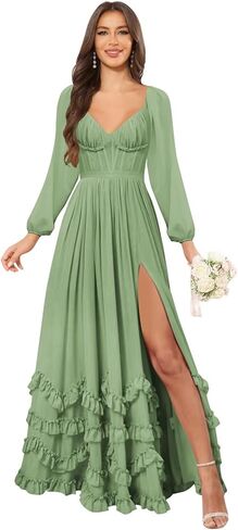 Women's Long Sleeve Bridesmaid Dresses for Wedding with Slit Ruffle Chiffon Formal Evening Party Dress in Kuwait