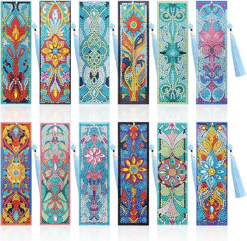 12Pcs DIY Diamond Art Bookmarks Kits Acrylic Painting Bookmarks with Rhinestone Flower Patterns Tassels for Adults Book Lover Craft Making in Kuwait