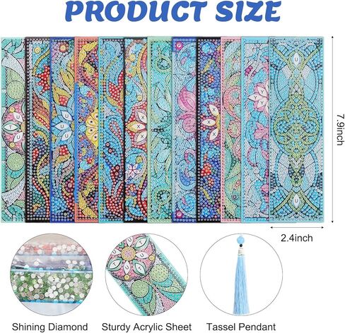 12Pcs DIY Diamond Art Bookmarks Kits Acrylic Painting Bookmarks with Rhinestone Flower Patterns Tassels for Adults Book Lover Craft Making in Kuwait