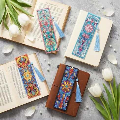 12Pcs DIY Diamond Art Bookmarks Kits Acrylic Painting Bookmarks with Rhinestone Flower Patterns Tassels for Adults Book Lover Craft Making in Kuwait