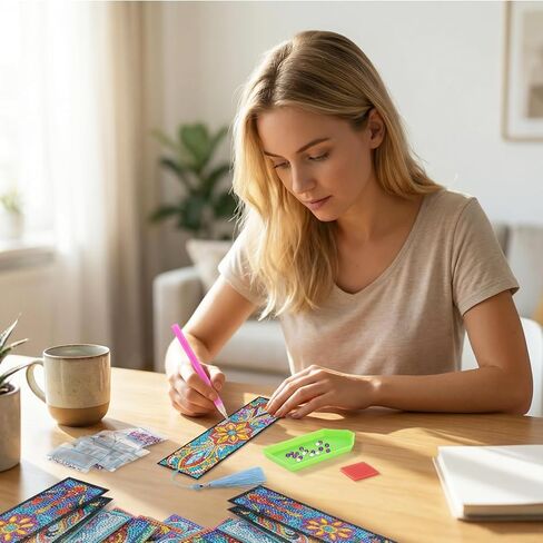 12Pcs DIY Diamond Art Bookmarks Kits Acrylic Painting Bookmarks with Rhinestone Flower Patterns Tassels for Adults Book Lover Craft Making in Kuwait