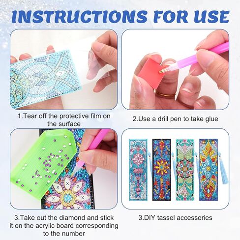 12Pcs DIY Diamond Art Bookmarks Kits Acrylic Painting Bookmarks with Rhinestone Flower Patterns Tassels for Adults Book Lover Craft Making in Kuwait