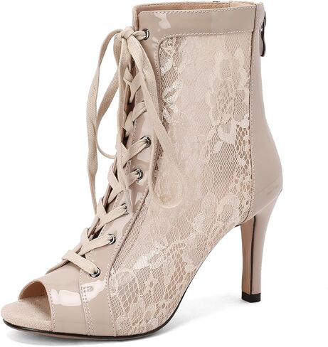 Women Open Toe Dance Ankle Boots Mesh Lace up Latin Salsa Dress Shoes Party Dancing Heels in Kuwait