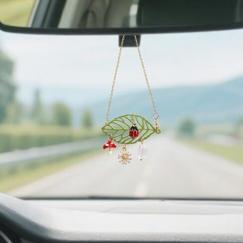CASONA Car Hanging Decor,Lucky Rear View Mirror Dangling Car Charm,Handmade Ladybug Mushroom Daisy Leaf Boho Nature Decoration Ornament Gift for Women Teens in Saudi Arabia