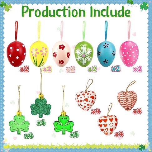 36 Pieces Valentine's Day Heart & St Patrick's Day Shamrock & Easter Egg Ornaments Adorable Heart Shaped Baubles, Clover Baubles & Hanging Egg Decorations for The Perfect Holiday Party in Kuwait