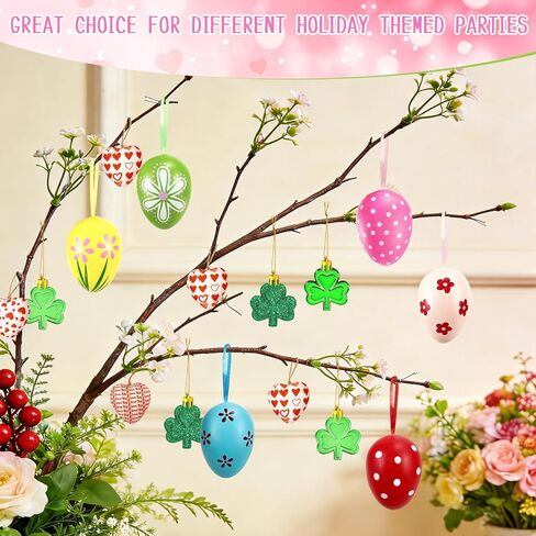 36 Pieces Valentine's Day Heart & St Patrick's Day Shamrock & Easter Egg Ornaments Adorable Heart Shaped Baubles, Clover Baubles & Hanging Egg Decorations for The Perfect Holiday Party in Kuwait