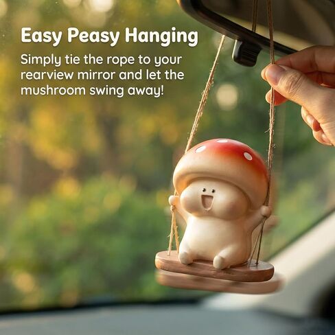 Cute Swinging Mushroom Car Mirror Hanging Ornament Playful Auto Dashboard Decor Accessories for Women Men Adorable Rearview Mirror Charm and Mushroom Gift for Car Lovers in Kuwait