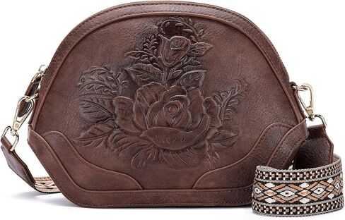 Embossed Rose Crossbody Bags for Women,Soft Vegan Leather Small Purse with Adjustable Strap,Boho Floral Shoulder Handbag | Light weight, Smooth zipper, Gifts for women, Trendy, Wide Guitar Strap in Kuwait